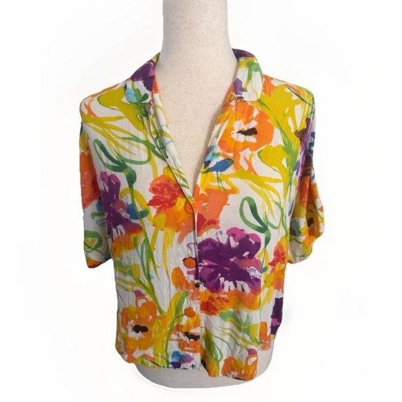 Jams World Tops - Jams World Women’s S Flower Dream Hawaiian Floral Shirt Button Up Tropical Artsy